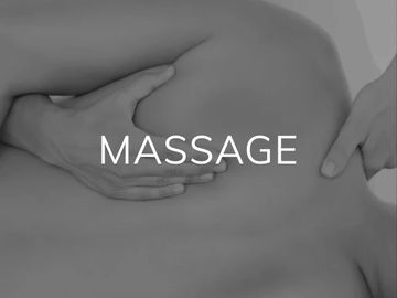 Hands giving a relaxing back massage with the word 'MASSAGE'.