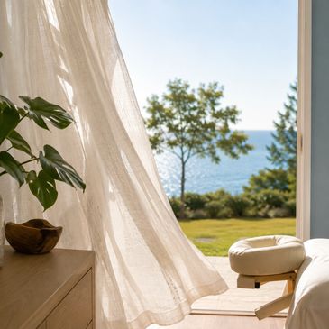 Coastal massage and wellness room at The Center in Buzzards Bay, MA with a peaceful water view.
