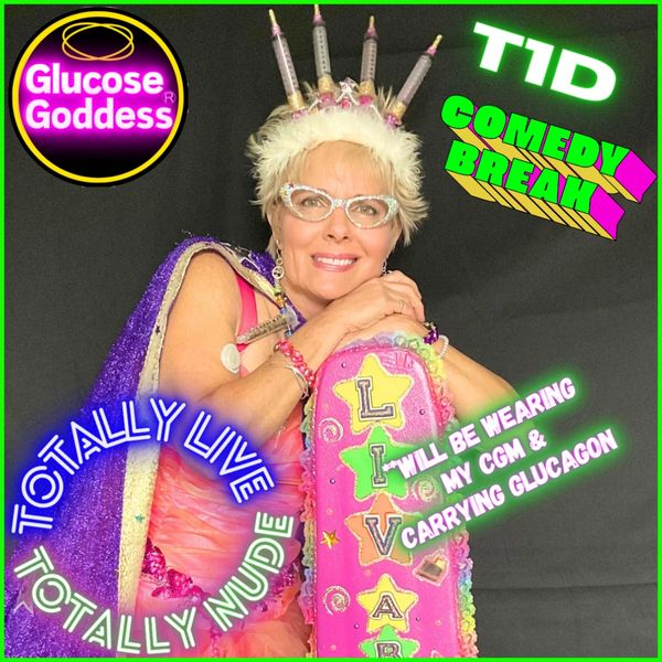 Type 1 diabetic  Glucose Goddess wearing a funny syringe tiara.