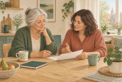 Twee vrouwen bespreken documenten aan tafel.