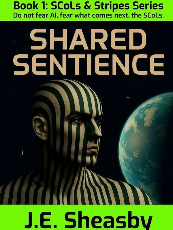 Book cover of 'Shared Sentience' with a striped humanoid figure and Earth in the background.