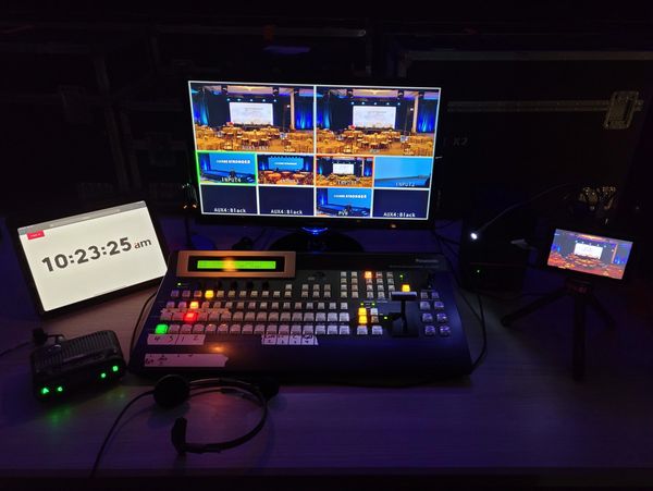 Panasonic camera switcher backstage in video village with a field monitor Clear-Comm FreeSpeak +more