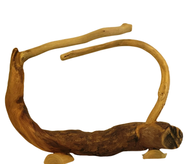 Abstract wooden sculpture with flowing curves and natural textures.