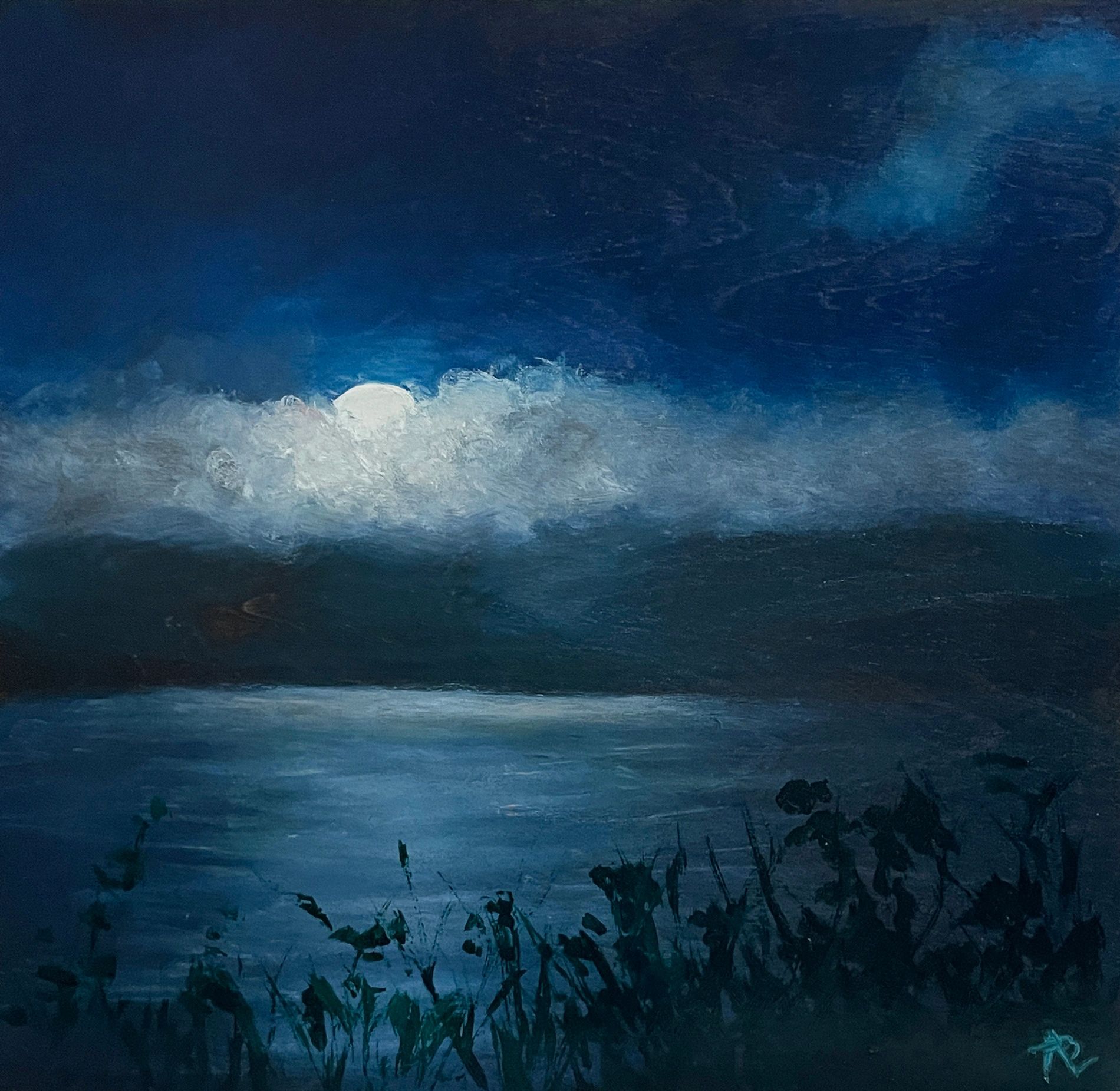 An evening view of the moon above a cloudy sky reflecting light on the bay, painted on cradled wood.