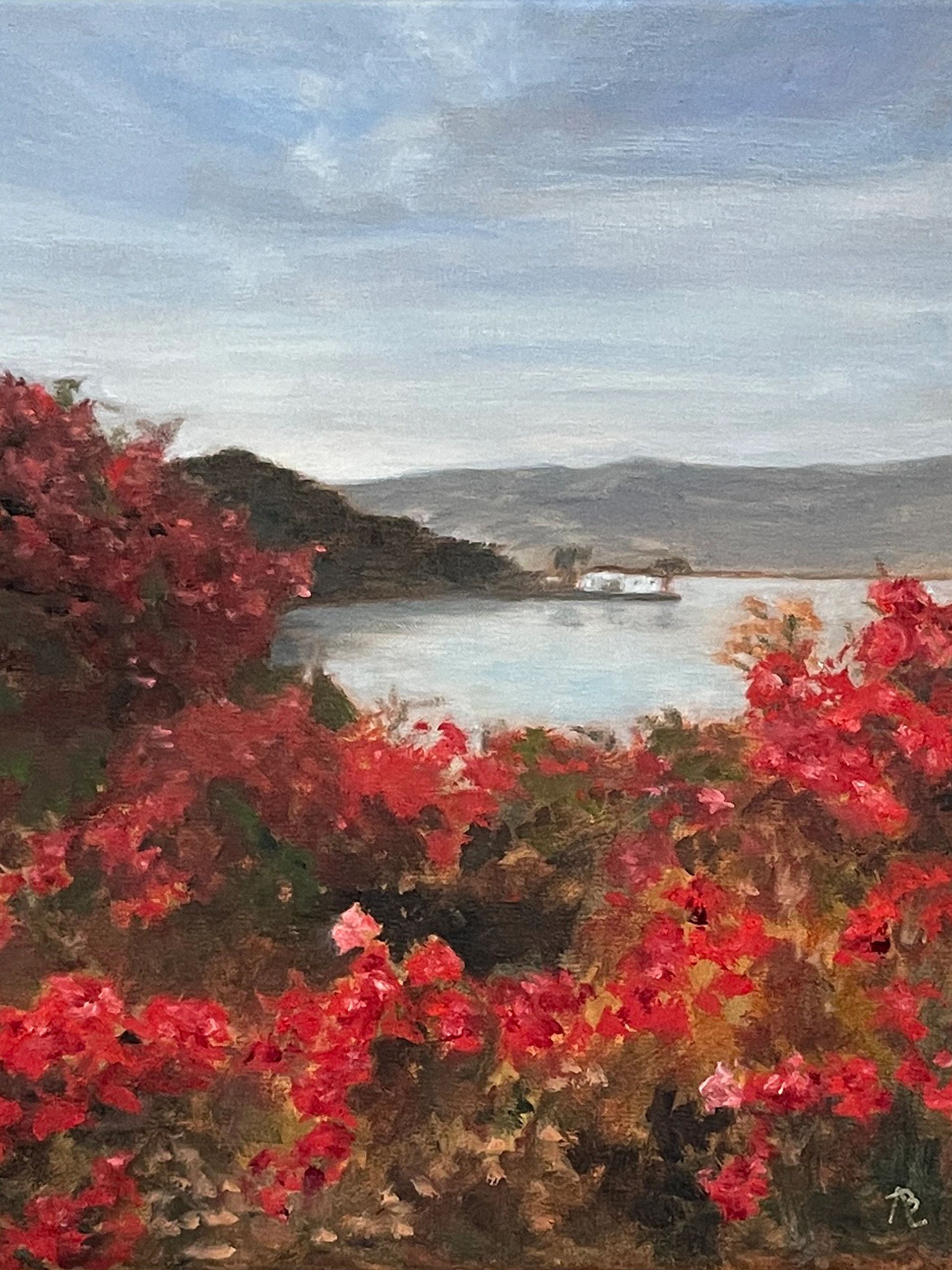 Red flowers surround one pink one, beyond a view of a home on the bay.