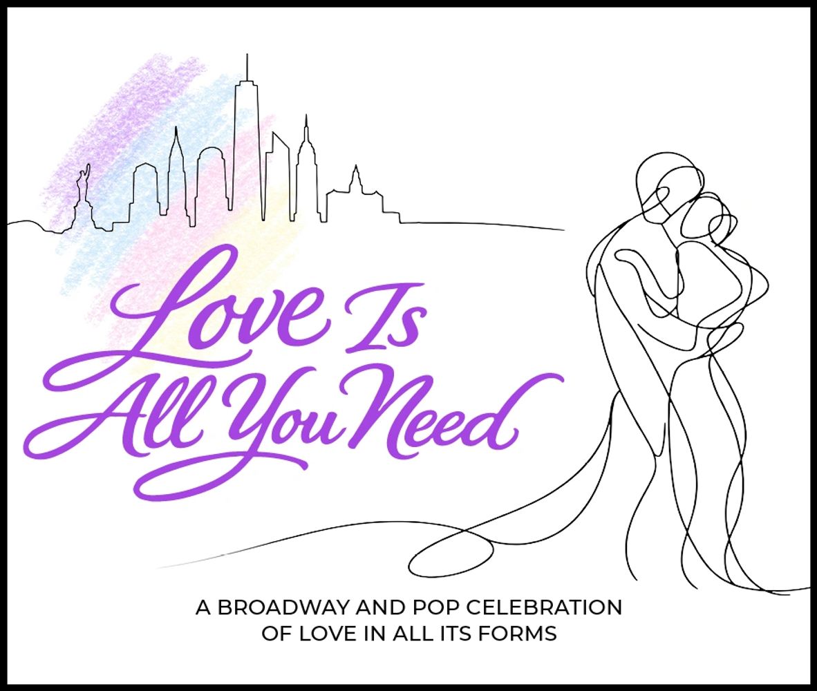 Illustration of a couple embracing with 'Love Is All You Need' text and NYC skyline.