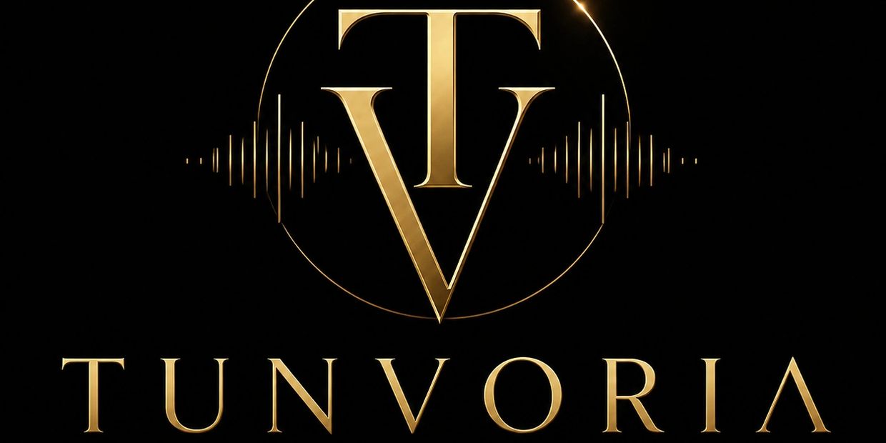 Elegant gold and black logo for Tunvoria with stylized letters TV.