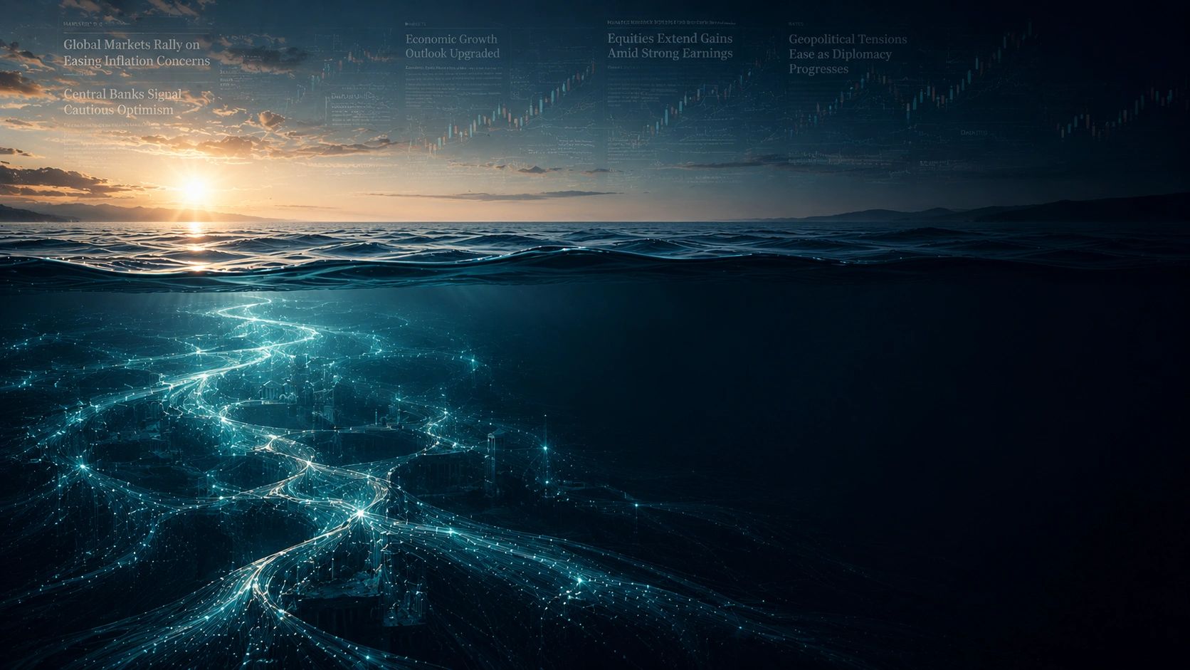 Sunset over ocean with a glowing city beneath the water surface.