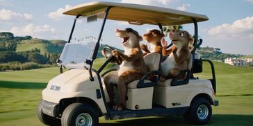 Animated chipmunks riding in a golf cart on a sunny day.