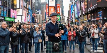 A man playing bagpipes in a busy urban street with an applauding crowd.