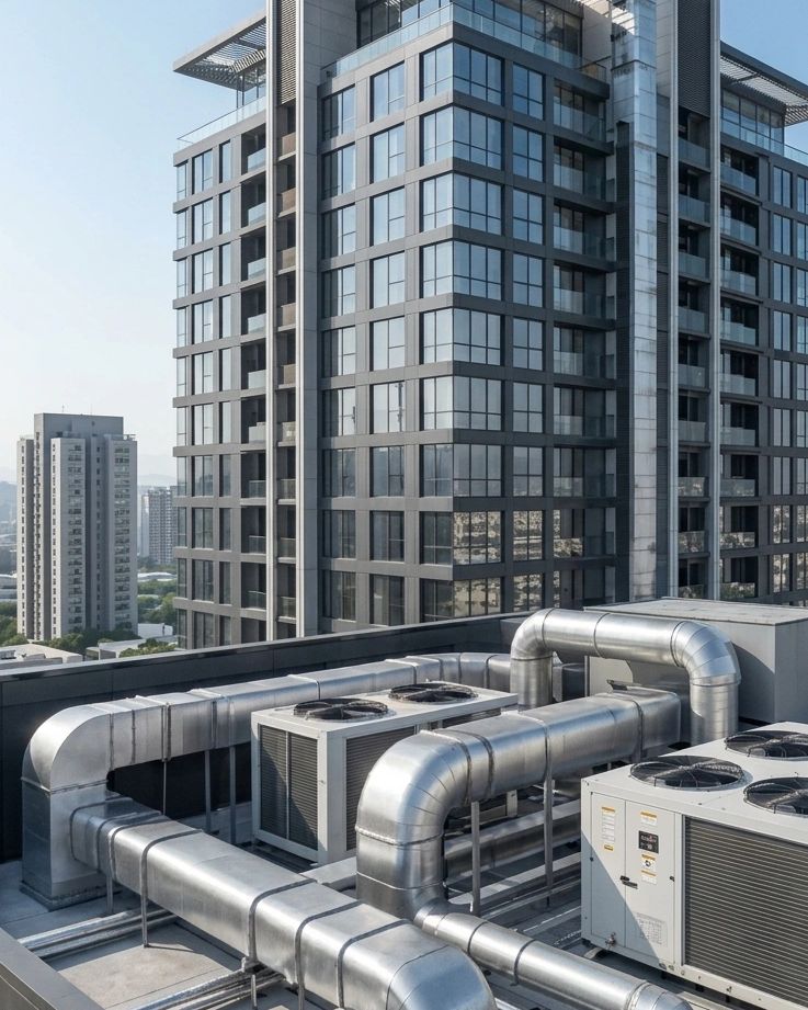 Rooftop HVAC system with air ducts and modern buildings in the background.