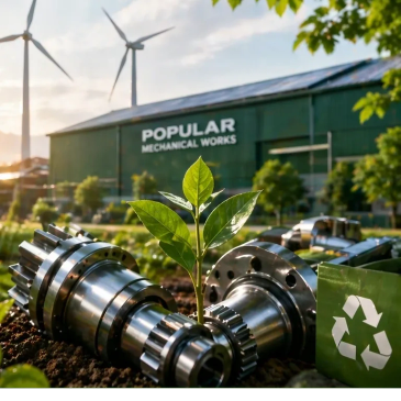 Green plant growing among mechanical parts with wind turbines and recycling symbol.