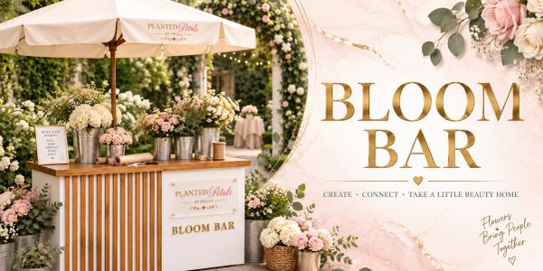 Bloom Bar flower stand with floral arrangements and umbrella.