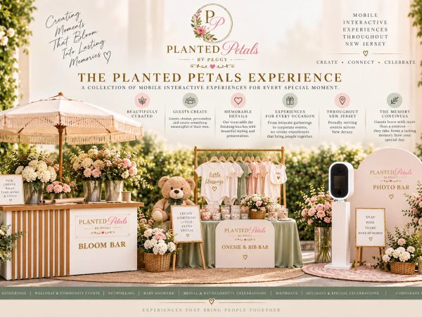 The Planted Petals Experience setup with flower bars, a photo bar, and baby outfit display.