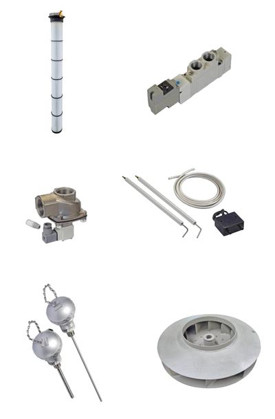 Various industrial and mechanical parts arranged in a grid on a white background.