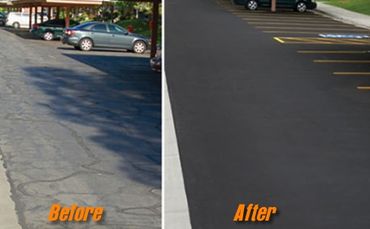 Comparison of a cracked parking lot before and a freshly paved one after.