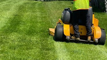 Person mowing a lawn with a yellow riding mower.