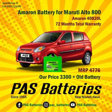 New Amaron Car Battery placed next to a Maruti Alto 800, showing perfect compatibility