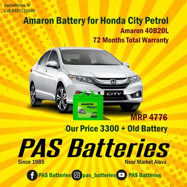 Honda City car with Amaron car battery installed by PAS Batteries in Aluva.