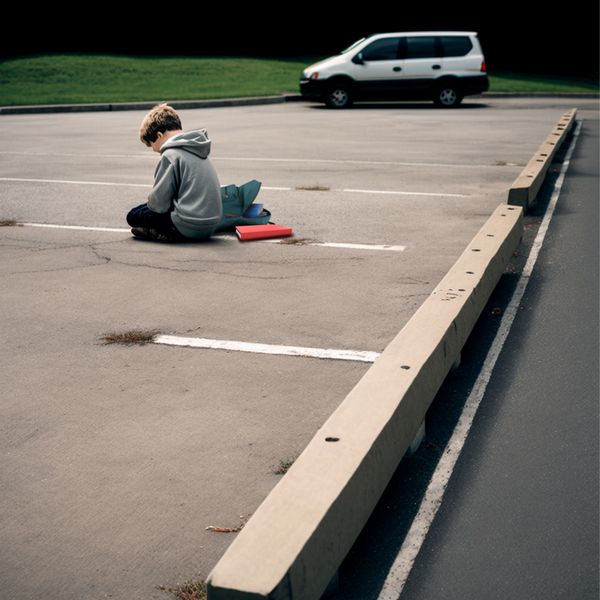 Song imagery. Believe In Me. Little boy sitting in a parking lot. Property of This Is Love band,