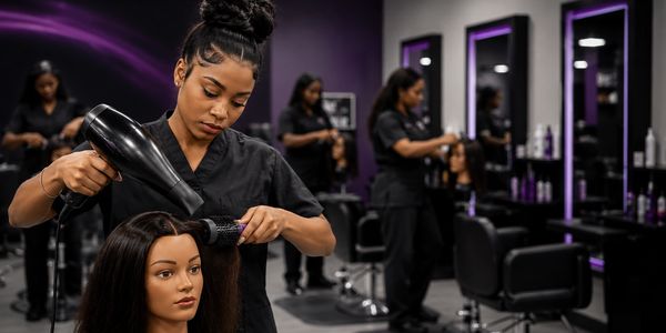 Hair stylist drying a wig in a salon.