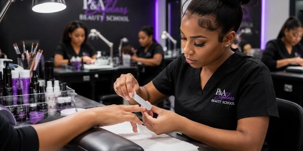 Woman filing nails at a beauty school.