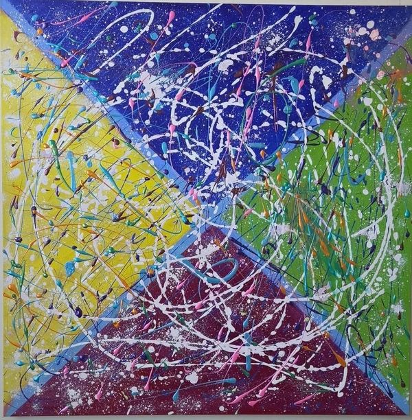 Abstract splatter painting with four color quadrants.