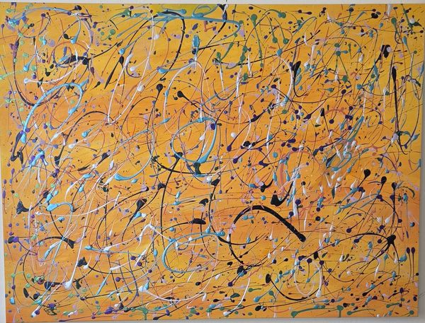 Abstract expressionism with colorful paint splatters on orange.