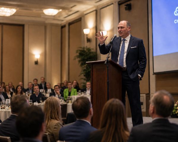 A businessman giving a speech at a conference.