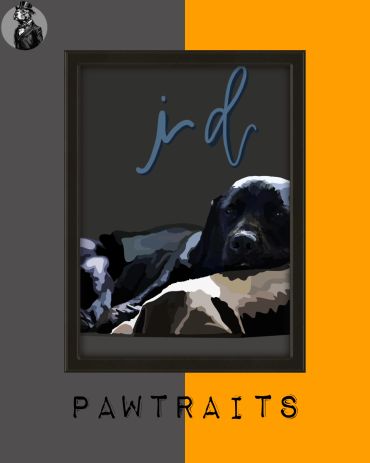 Digital portrait of a resting dog with text 'PAWTRAITS' and initials 'jd'.