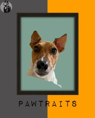 Illustration of a dog portrait with 'Pawtraits' text.