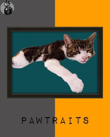 Digital portrait of a sleeping cat with text 'PAWTRAITS'.