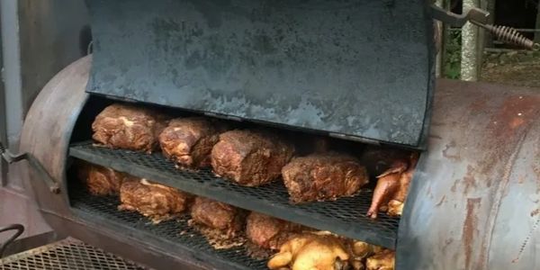 Our Lang smoker loaded with pork butt and chicken for a bbq feast