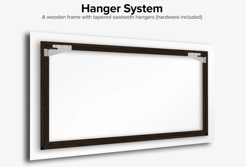 Hanger System showing a wooden frame with tapered sawtooth hangers on back of acrylic print.
