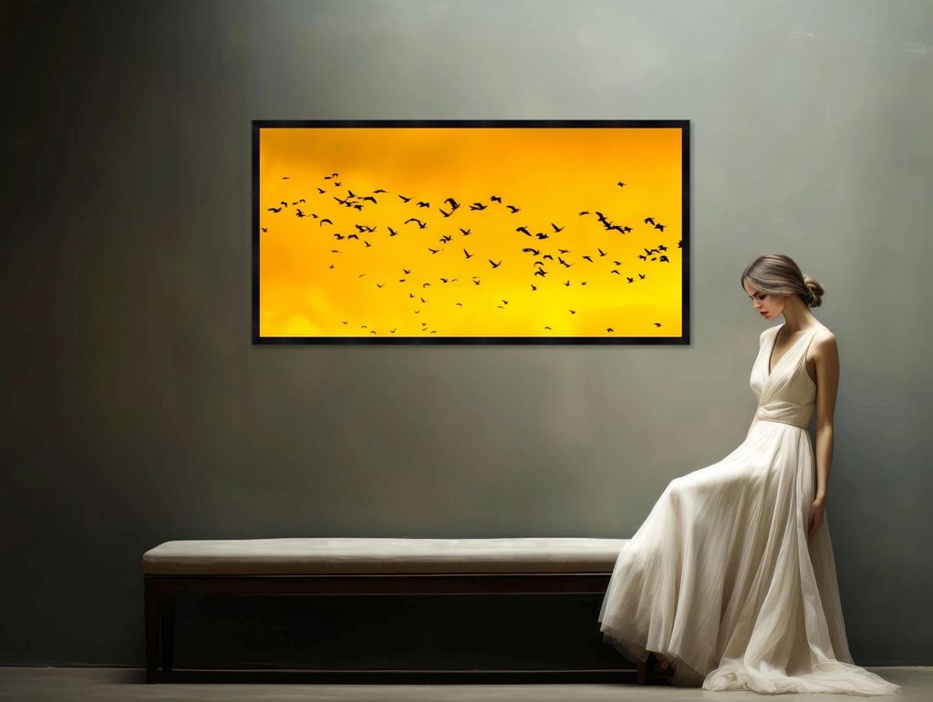 A Black Matte Framed photo flying geese silhouetted agains a yellow sky. 