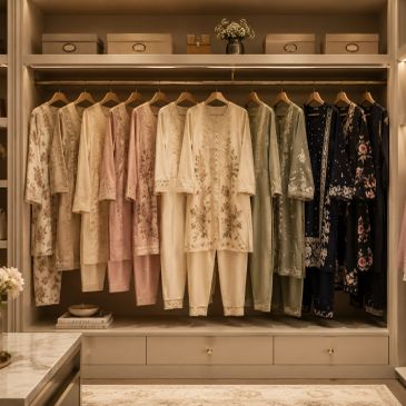 Elegant traditional outfits hanging in a wardrobe.
