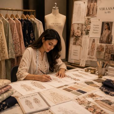 Woman designing traditional dresses at a creative workspace.