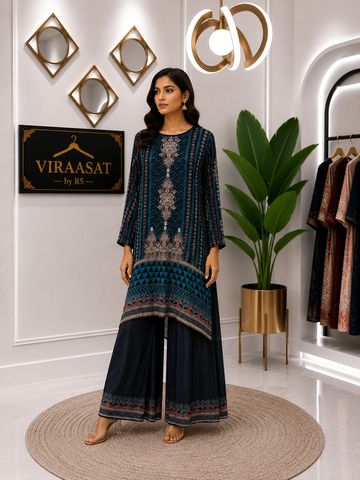 Woman in traditional embroidered outfit posing indoors.