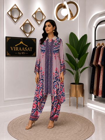 Woman modeling a pink and purple patterned outfit in a boutique.