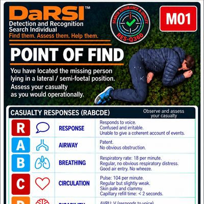 Guide on assessing a missing person's casualty response in lateral position.