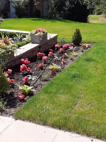 A garden with trimmed grass, clean pavement and freshly planted flowers