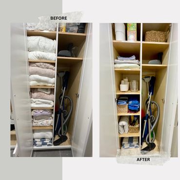 Organized storage cabinet with neatly arranged towels and cleaning tools before and after.