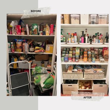 Pantry transformation from cluttered chaos to organized shelves with labeled containers and baskets.