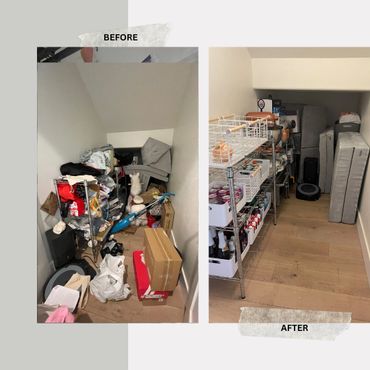Before and after of a cluttered storage space transformed into an organized pantry and storage area.