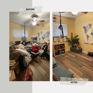 Room transformed from cluttered chaos to organized and tidy space with minimal decor.