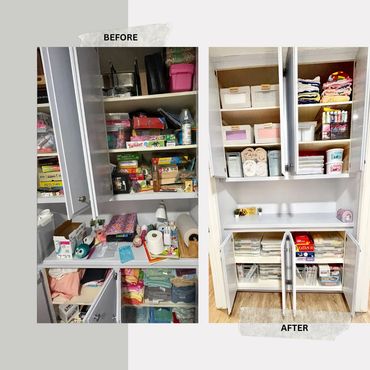 Before and after photos of a cluttered cabinet transformed into a neat, organized storage space.