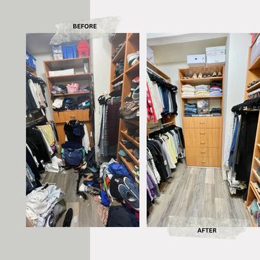 A cluttered closet transformed into a neat, organized space with folded clothes and shoes.