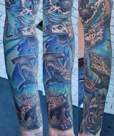 Ocean Tattoo Sleeve shark Tattoo skull Tattoo Rob Figueroa Tattoo Shop near me palm bay florida