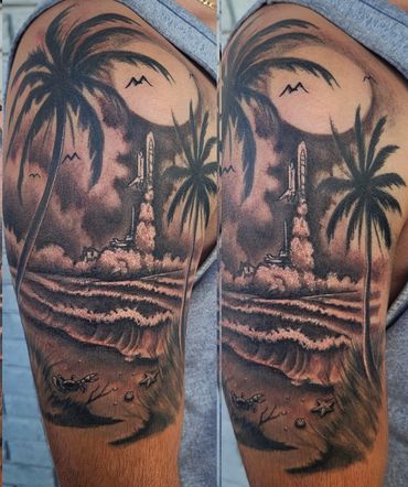 Space shuttle tattoo black and gray tattoo Rob Figueroa tattoo shop near me palm bay florida