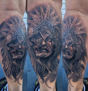 Aztec skull warrior priestess Tattoo Rob Figueroa Tattoo Shop near me palm bay florida